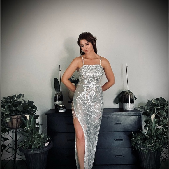 Prom Girl | Silver Rhinestone Embellished High Leg Slit Prom Dress Evening Gown - Picture 5 of 16